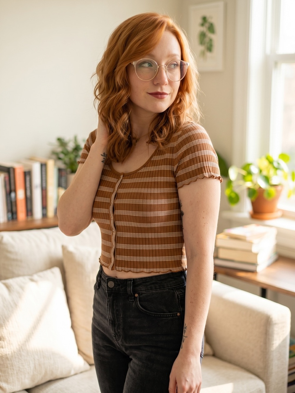 ☀️American Eagle Outfitters • Striped Button-Front Crop Top in Rust • Women’s Md